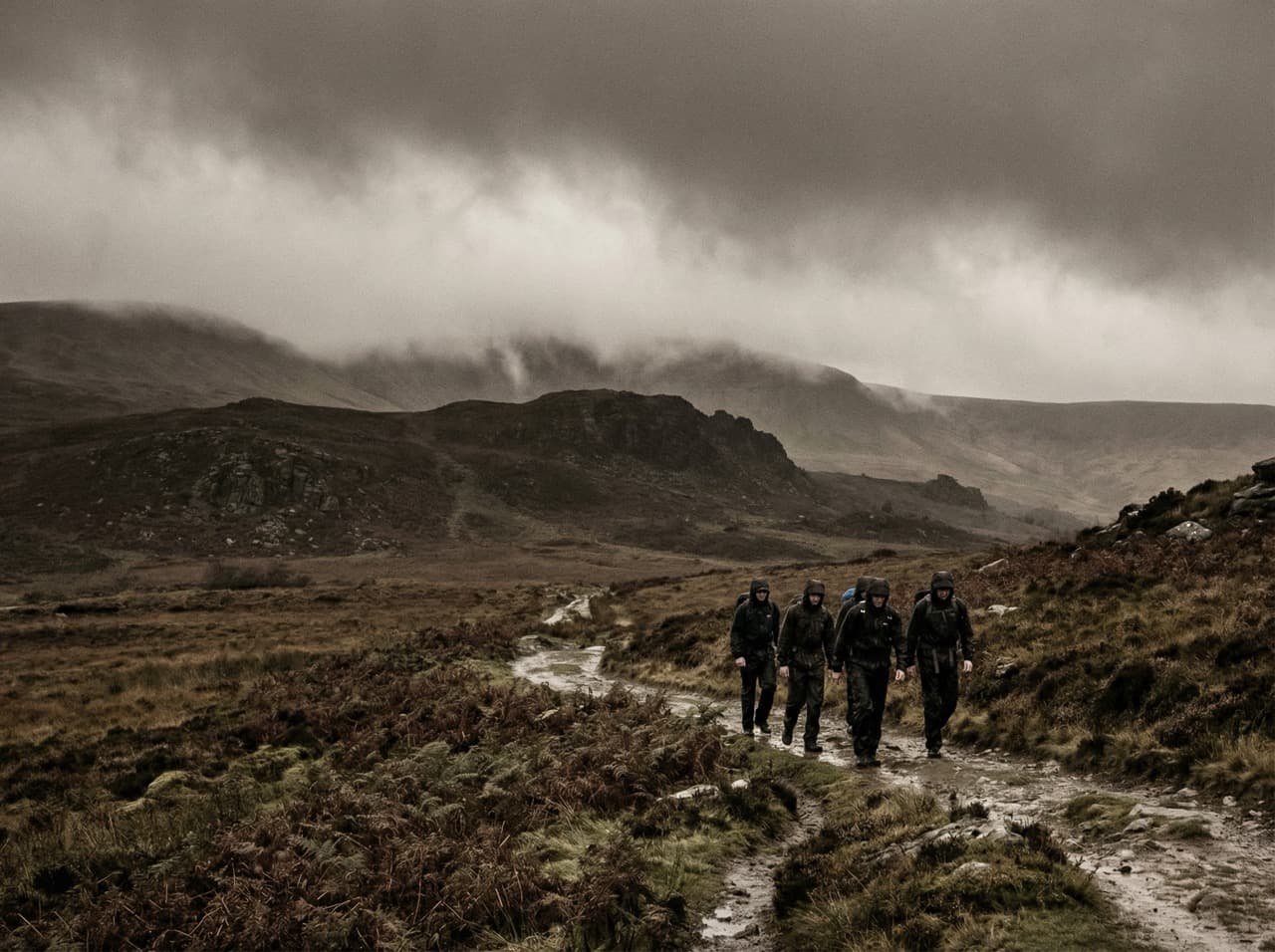Team walking toward camera through rugged mountain terrain in challenging weather