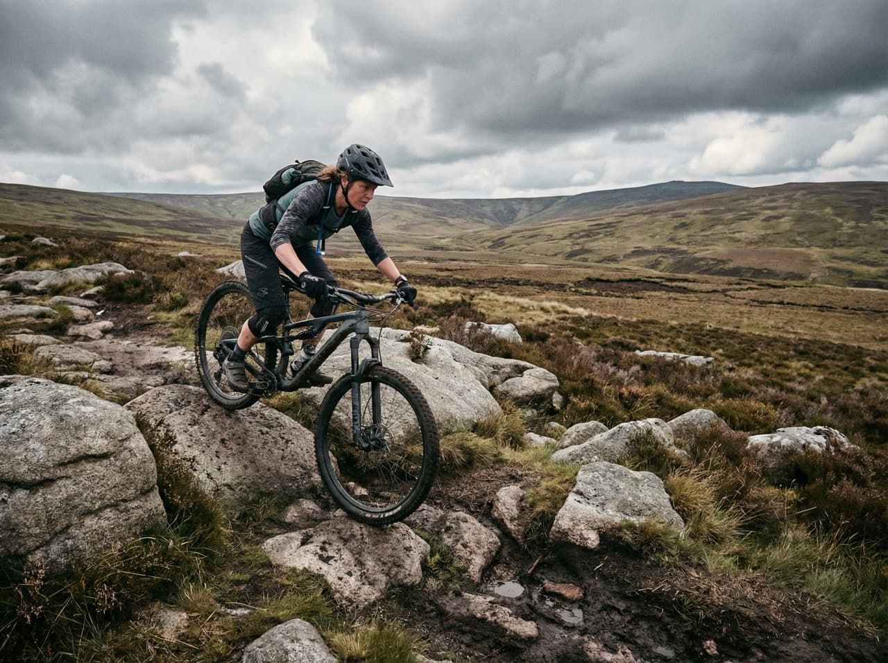 Mountain biker navigating technical rocky terrain on remote British moorland