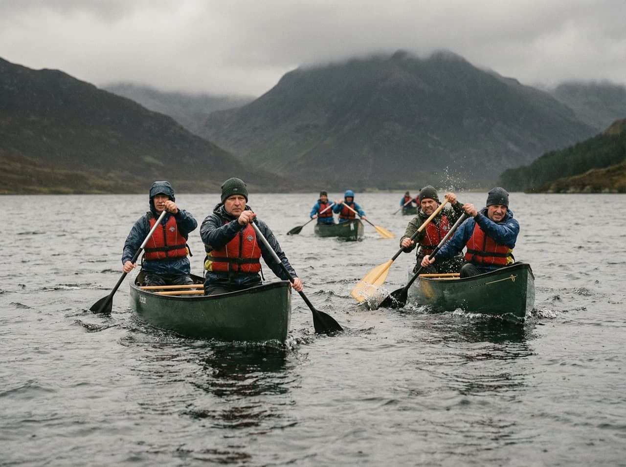 Team paddling canoes together on a Scottish loch in overcast conditions