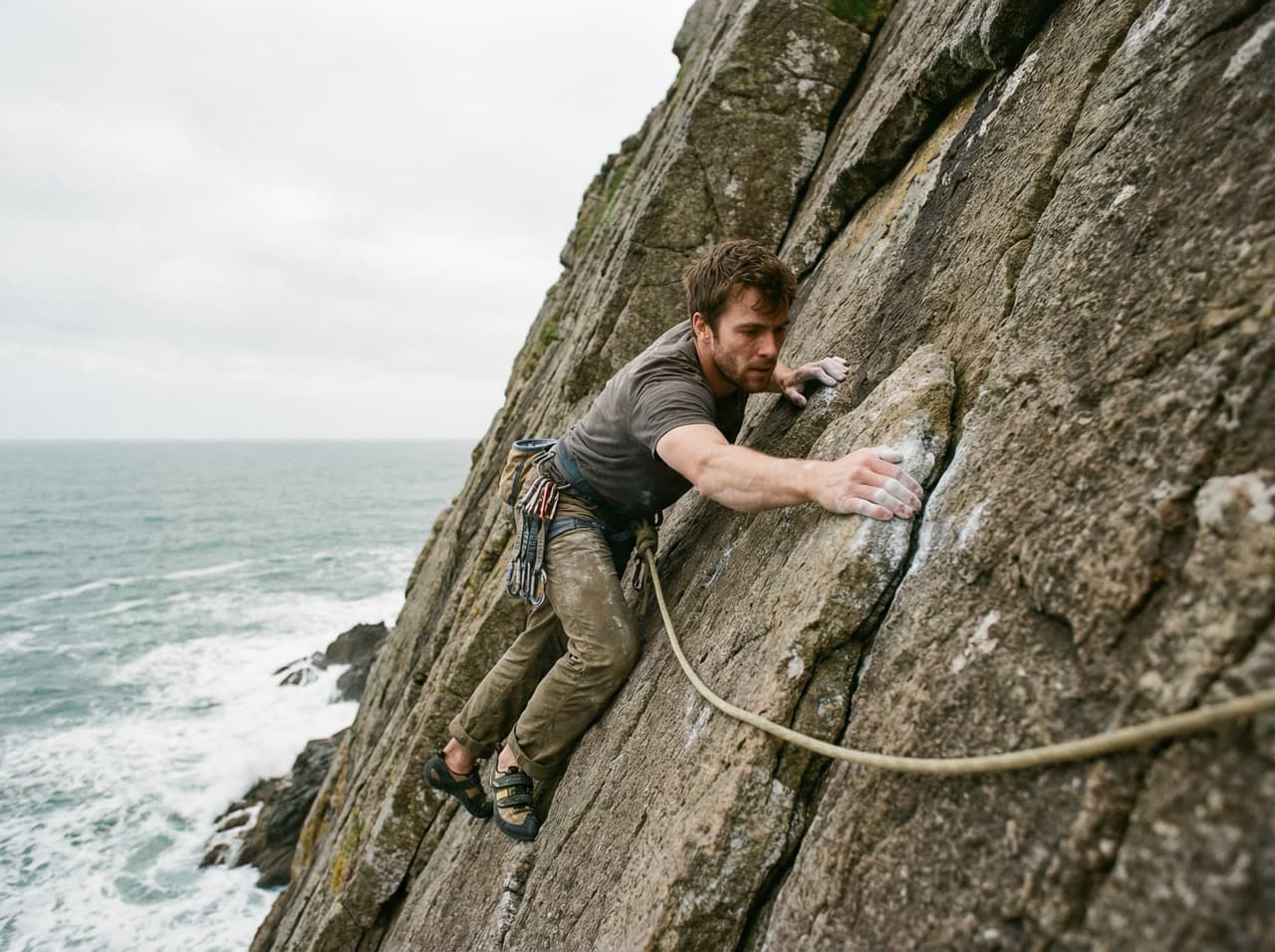 Solo climber mid-route on a sea cliff trad climb