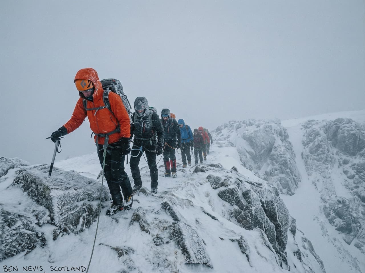 Group ascending a mountain ridge in winter conditions, led by instructor in orange jacket